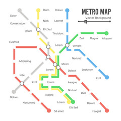 Metro Map Vector. City Transportation Scheme Concept. Colorful Background With Stations
