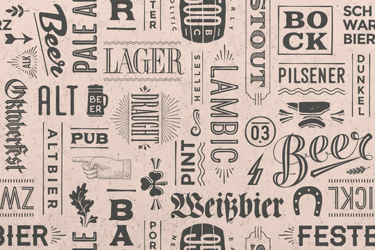 Seamless pattern with types of beer and hand drawn lettering for bar, pub, cafe, fest and party. Vintage drawing for placemat, bar menu, t-shirt print and beer themes. Vector Illustration