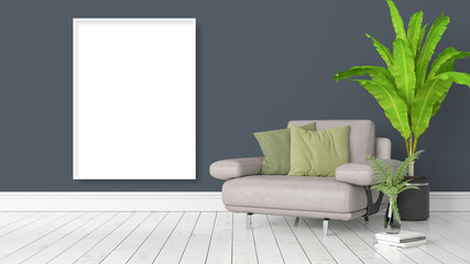 Modern bright interior with empty frame . 3D rendering
