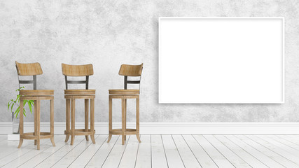 Modern bright interior with empty frame . 3D rendering