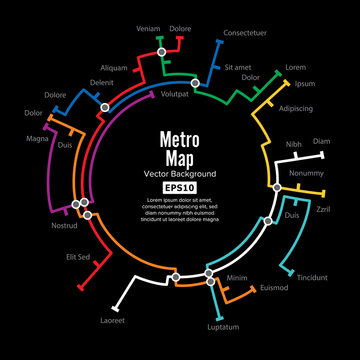 Metro Map Vector. Template Of City Transportation Scheme For Underground Road. Colorful Background With Stations