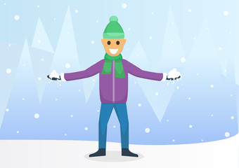 Happy man holding snow. Winter vector illustration.