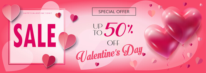 Fototapeta na wymiar Sale discount banner for Valentines Day. Vector template. Special offer poster with heart balloons, price tag. Love, poster, banner, coupon, voucher. Typography Gift card