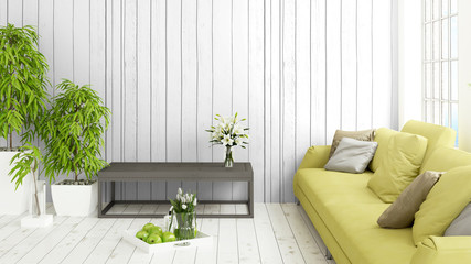 Modern bright interior with large window . 3D rendering