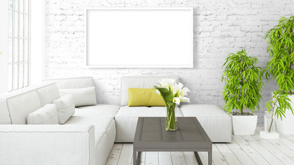 Modern bright interior with empty frame . 3D rendering