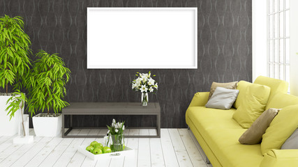 Modern bright interior with empty frame . 3D rendering