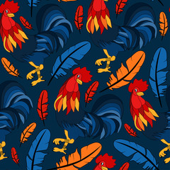 Pattern with colorful rooster. Holiday print. Seamless vector New Year texture.  