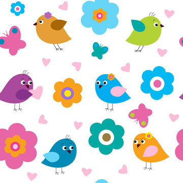 Seamless pattern with cute birds and flowers