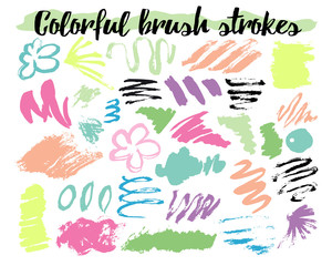 Floral brush strokes vector illustration with colorful hand drawn flowers, splashes, zigzag elements and doodles. Grunge style drawing