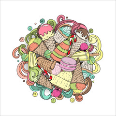 Ice cream, cupcake, cheesecake, macaroon and other sweets doodle