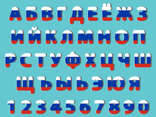 flat vector rounded Cyrillic font with flag of Russia alphabet letters and numerals with black shadow and white glow