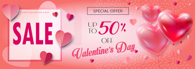 Fototapeta na wymiar Valentines Day Sale discount banner. Vector template. Special offer poster with heart balloons, price tags. Love, poster, banner, coupon, voucher. Typography Gift card Advertising design