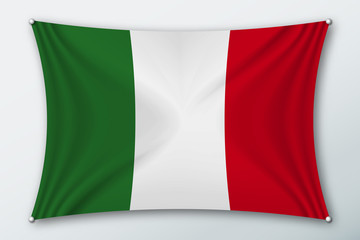 Italy national flag. Symbol of the country on a stretched fabric with waves attached with pins. Realistic vector illustration.