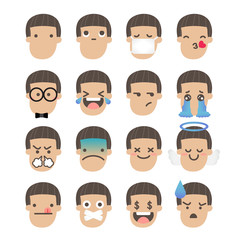 Set of boy face emoticons icon pack with various facial expressions in flat design on white background.