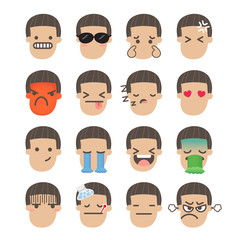 Set of boy face emoticons icon pack with various facial expressions in flat design on white background.