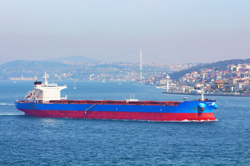 Fototapeta premium Greek Bulk carrier in Bosphorus, Istanbul, Turkey