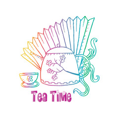 Tea time lettering with teapot and cup.