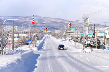 powder snow on a road in Sapporo, Hokkaido Japan - obrazy, fototapety, plakaty
