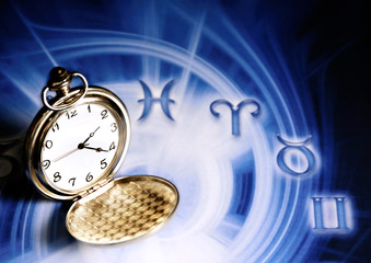 Zodiac signs with pocket watch like a concept astrology and time 