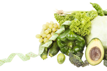 Set of green fruits and vegetables, isolated