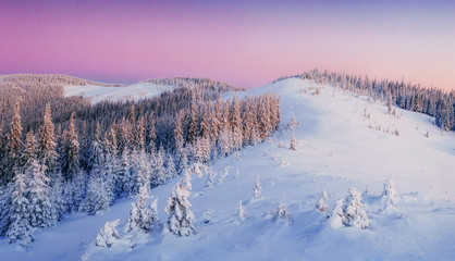 Mysterious sunset in the mountains. Carpathian, Ukraine, Europe