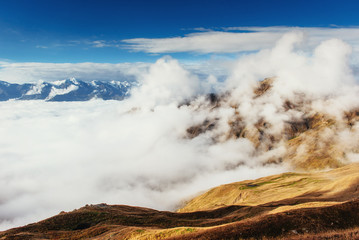 Thick fog on the mountain pass Goulet. Georgia, Svaneti. Europe.