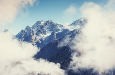 Thick fog on the mountain pass Goulet. Georgia, Svaneti. Europe.