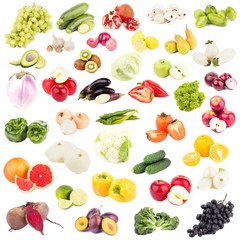Set of different raw fruits and vegetables, isolated