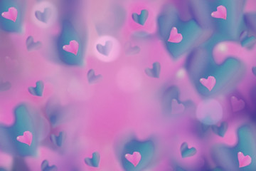 hearts  pink-blue on blurred pink-violet background bokeh.  Arrangement on Valentine's Day. Bright collage. For design.