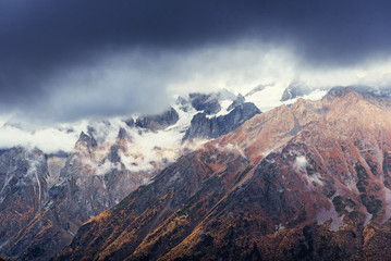 Thick fog on the mountain pass Goulet. Georgia Svaneti Europe.