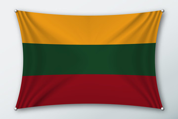 Lithuania national flag. Symbol of the country on a stretched fabric with waves attached with pins. Realistic vector illustration.