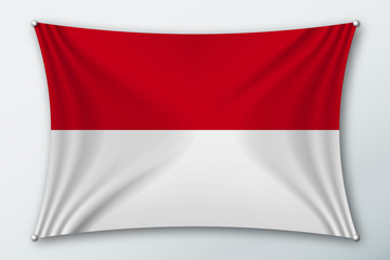 Indonesia and Monaco national flag. Symbol of the country on a stretched fabric with waves attached with pins. Realistic vector illustration.