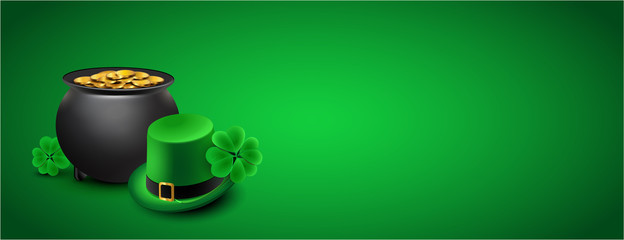 St Patricks Day Banner - Cauldron, Shamrocks and green hat against green background - 136683957