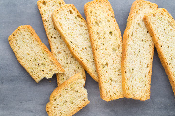 Garlic and herb bread slices. Eco food.