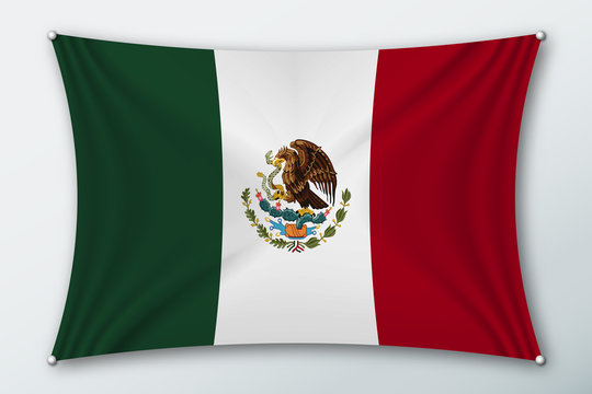 Mexico national flag. Symbol of the country on a stretched fabric with waves attached with pins. Realistic vector illustration.