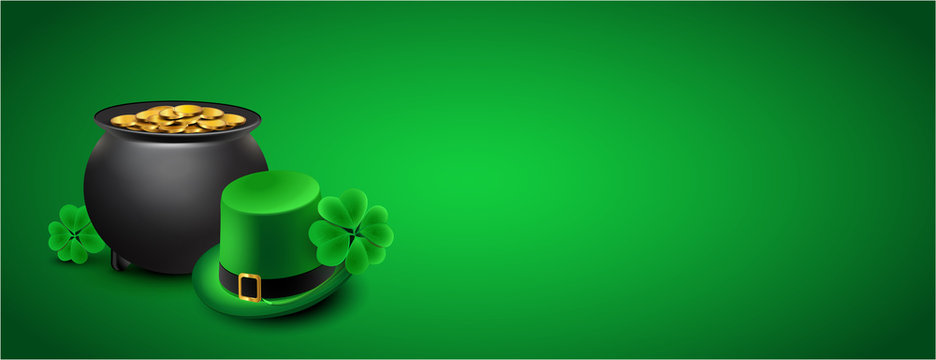 St Patricks Day Banner - Cauldron, Shamrocks and green hat against green background