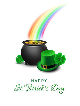 Pot of Gold under the Rainbow with green Hat and Shamrocks - Happy St Patricks Day