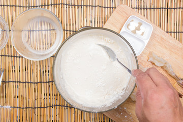 Chef preapred flour before cooking fried shrimp
