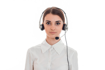 horizontal portrait of young beauty call office worker girl with headphones and microphone isolated on white background