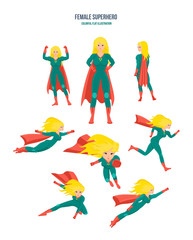 Female superhero in different situations and poses, in costume.
