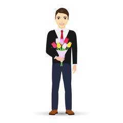  A young man holding out large bouquet of tulips. Men with Flowers isolated on white background. Vector illustration.