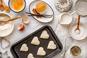 Baking ingredients and food preparation. Hearts shape. Top view