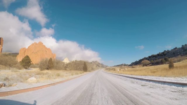 POV point of view - Driving through Garden of the Gods on late morning in the Winter