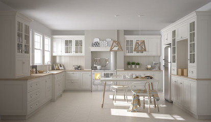 Scandinavian classic white kitchen with wooden details, minimali