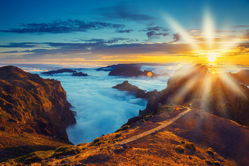beautiful sunset over the mountains, Madeira Island, Portugal - obrazy, fototapety, plakaty
