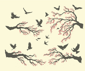 set of branches and birds