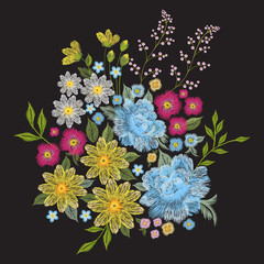 Embroidery colorful trend floral pattern. Vector traditional folk roses, chamomile, forget me not flowers bouquet on beige background for clothing design.