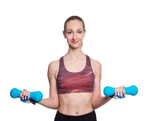 Happy sporty woman with blue dumbbells doing sport exercise. Isolated on white background.