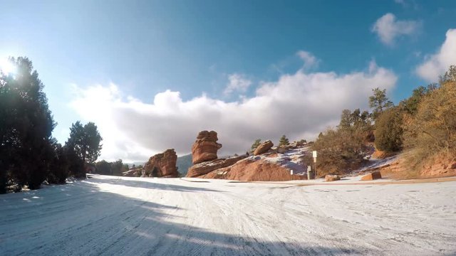 POV point of view - Driving through Garden of the Gods on late morning in the Winter