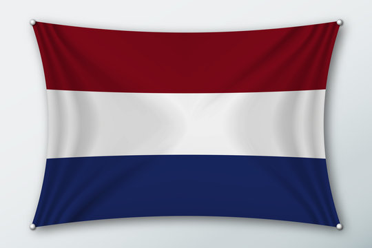 Netherlands national flag. Symbol of the country on a stretched fabric with waves attached with pins. Realistic vector illustration.